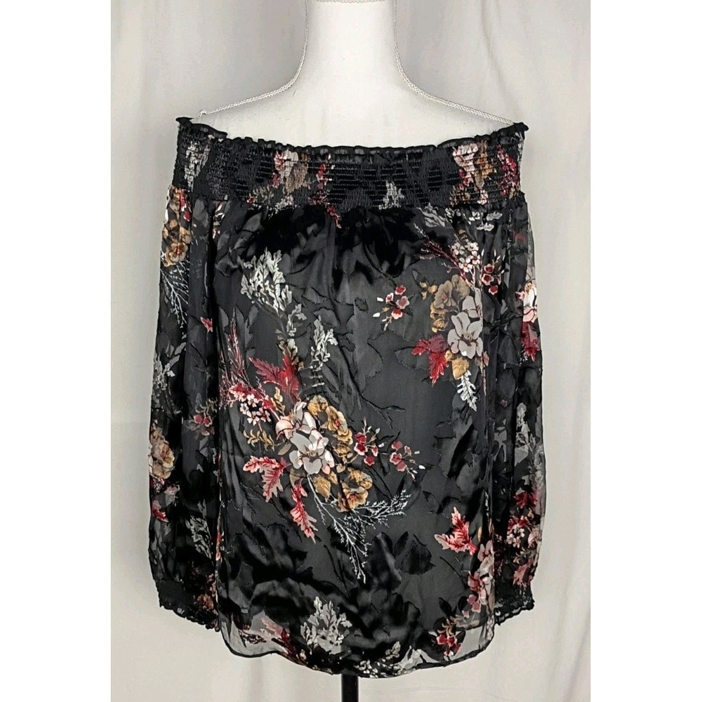 White House Black Market Womens Blouse Sz M Silk Burnout Floral Black New
